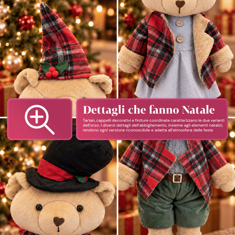 Dekorativer Weihnachtsbär 85 cm, Plüschtier als Wohnaccessoire mit Schottenmütze und -kleidung, stabile Basis, rotes oder braunes Tartanmuster