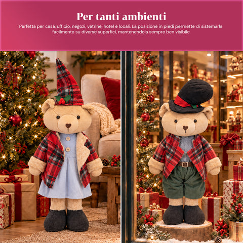 Dekorativer Weihnachtsbär 85 cm, Plüschtier als Wohnaccessoire mit Schottenmütze und -kleidung, stabile Basis, rotes oder braunes Tartanmuster