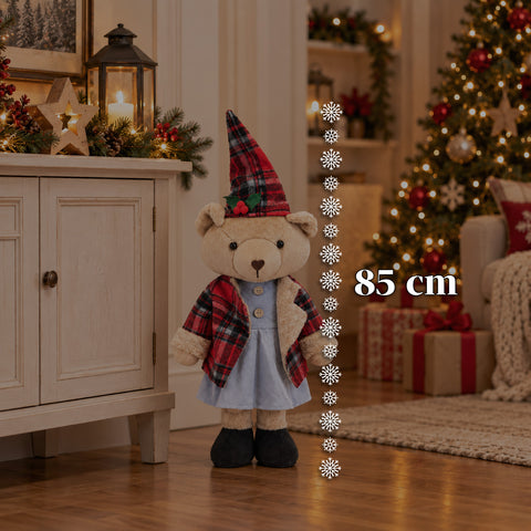 Dekorativer Weihnachtsbär 85 cm, Plüschtier als Wohnaccessoire mit Schottenmütze und -kleidung, stabile Basis, rotes oder braunes Tartanmuster