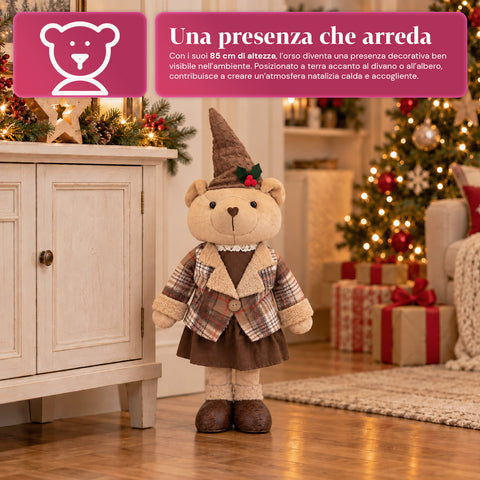 Dekorativer Weihnachtsbär 85 cm, Plüschtier als Wohnaccessoire mit Schottenmütze und -kleidung, stabile Basis, rotes oder braunes Tartanmuster