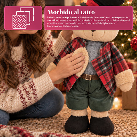 Dekorativer Weihnachtsbär 85 cm, Plüschtier als Wohnaccessoire mit Schottenmütze und -kleidung, stabile Basis, rotes oder braunes Tartanmuster
