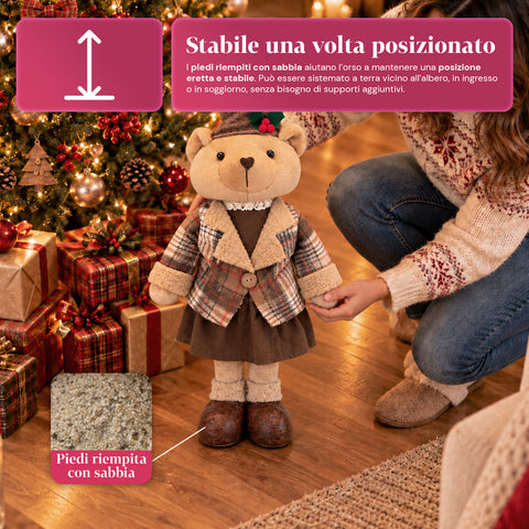 Dekorativer Weihnachtsbär 85 cm, Plüschtier als Wohnaccessoire mit Schottenmütze und -kleidung, stabile Basis, rotes oder braunes Tartanmuster