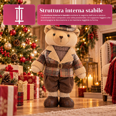 Dekorativer Weihnachtsbär 85 cm, Plüschtier als Wohnaccessoire mit Schottenmütze und -kleidung, stabile Basis, rotes oder braunes Tartanmuster