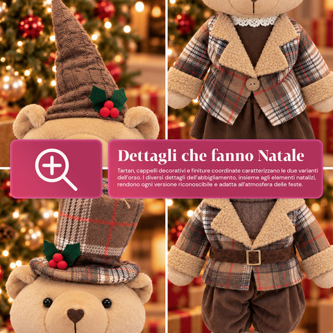 Dekorativer Weihnachtsbär 85 cm, Plüschtier als Wohnaccessoire mit Schottenmütze und -kleidung, stabile Basis, rotes oder braunes Tartanmuster