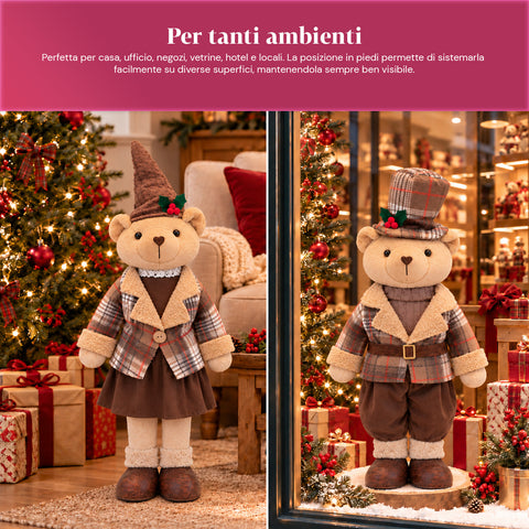 Dekorativer Weihnachtsbär 85 cm, Plüschtier als Wohnaccessoire mit Schottenmütze und -kleidung, stabile Basis, rotes oder braunes Tartanmuster
