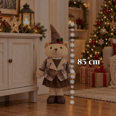 Dekorativer Weihnachtsbär 85 cm, Plüschtier als Wohnaccessoire mit Schottenmütze und -kleidung, stabile Basis, rotes oder braunes Tartanmuster