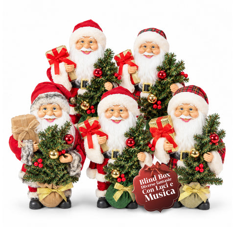 Weihnachtsmann mit Baum, 40 cm, musikalische Weihnachtsfigur mit blinkenden Lichtern, Batterien enthalten, Blindbox
