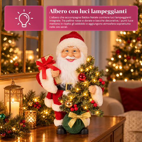 Weihnachtsmann mit Baum, 40 cm, musikalische Weihnachtsfigur mit blinkenden Lichtern, Batterien enthalten, Blindbox