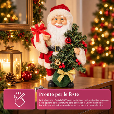 Weihnachtsmann mit Baum, 40 cm, musikalische Weihnachtsfigur mit blinkenden Lichtern, Batterien enthalten, Blindbox