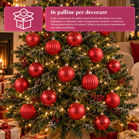 Set mit 16 bruchsicheren Weihnachtskugeln, 7 cm – 4 verschiedene glänzende, matte und glitzernde Oberflächen – Christbaum- und Wohndekoration – Rot, Gold, Silber