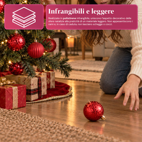 Set mit 16 bruchsicheren Weihnachtskugeln, 7 cm – 4 verschiedene glänzende, matte und glitzernde Oberflächen – Christbaum- und Wohndekoration – Rot, Gold, Silber