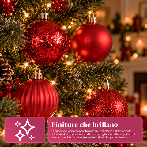 Set mit 16 bruchsicheren Weihnachtskugeln, 7 cm – 4 verschiedene glänzende, matte und glitzernde Oberflächen – Christbaum- und Wohndekoration – Rot, Gold, Silber