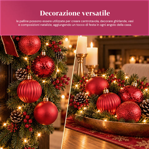 Set mit 16 bruchsicheren Weihnachtskugeln, 7 cm – 4 verschiedene glänzende, matte und glitzernde Oberflächen – Christbaum- und Wohndekoration – Rot, Gold, Silber