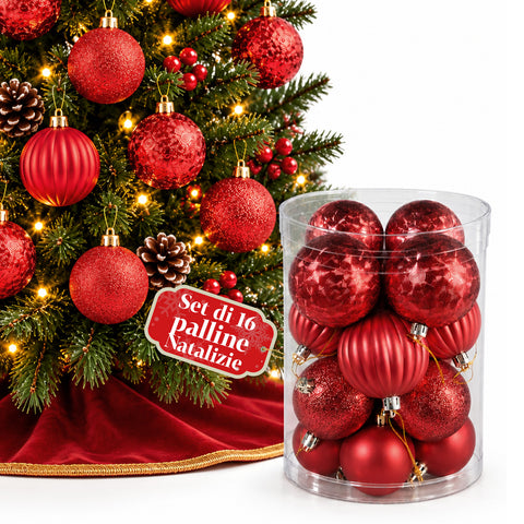 Set mit 16 bruchsicheren Weihnachtskugeln, 7 cm – 4 verschiedene glänzende, matte und glitzernde Oberflächen – Christbaum- und Wohndekoration – Rot, Gold, Silber