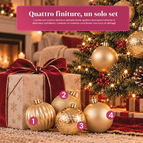 Set mit 16 bruchsicheren Weihnachtskugeln, 7 cm – 4 verschiedene glänzende, matte und glitzernde Oberflächen – Christbaum- und Wohndekoration – Rot, Gold, Silber