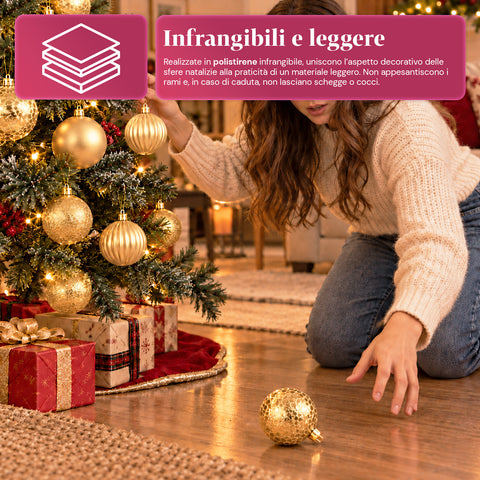 Set mit 16 bruchsicheren Weihnachtskugeln, 7 cm – 4 verschiedene glänzende, matte und glitzernde Oberflächen – Christbaum- und Wohndekoration – Rot, Gold, Silber