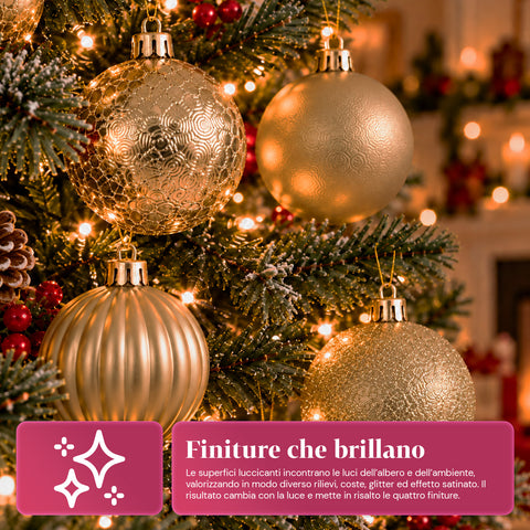 Set mit 16 bruchsicheren Weihnachtskugeln, 7 cm – 4 verschiedene glänzende, matte und glitzernde Oberflächen – Christbaum- und Wohndekoration – Rot, Gold, Silber