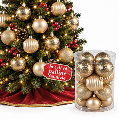 Set mit 16 bruchsicheren Weihnachtskugeln, 7 cm – 4 verschiedene glänzende, matte und glitzernde Oberflächen – Christbaum- und Wohndekoration – Rot, Gold, Silber