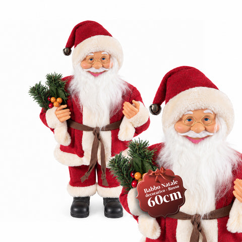 Dekorativer 60 cm großer Weihnachtsmann mit Kiefernzweig und Weihnachtsschmuck – Detaillierte Weihnachtsmannfigur in 4 Varianten: Rot, Eskimo, Weiß, Grau