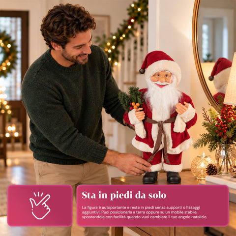 Dekorativer 60 cm großer Weihnachtsmann mit Kiefernzweig und Weihnachtsschmuck – Detaillierte Weihnachtsmannfigur in 4 Varianten: Rot, Eskimo, Weiß, Grau