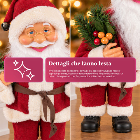 Dekorativer 60 cm großer Weihnachtsmann mit Kiefernzweig und Weihnachtsschmuck – Detaillierte Weihnachtsmannfigur in 4 Varianten: Rot, Eskimo, Weiß, Grau