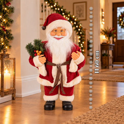 Dekorativer 60 cm großer Weihnachtsmann mit Kiefernzweig und Weihnachtsschmuck – Detaillierte Weihnachtsmannfigur in 4 Varianten: Rot, Eskimo, Weiß, Grau