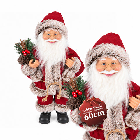 Dekorativer 60 cm großer Weihnachtsmann mit Kiefernzweig und Weihnachtsschmuck – Detaillierte Weihnachtsmannfigur in 4 Varianten: Rot, Eskimo, Weiß, Grau