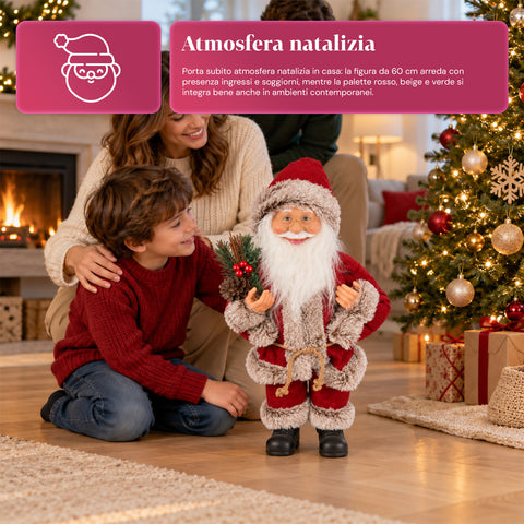 Dekorativer 60 cm großer Weihnachtsmann mit Kiefernzweig und Weihnachtsschmuck – Detaillierte Weihnachtsmannfigur in 4 Varianten: Rot, Eskimo, Weiß, Grau
