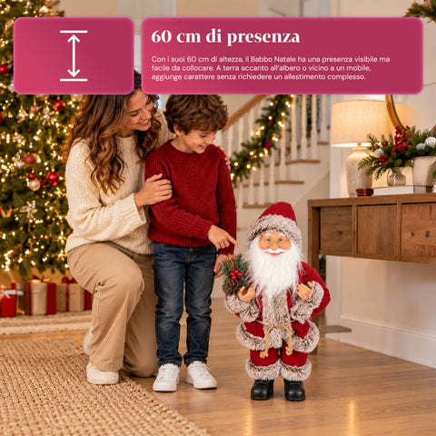 Dekorativer 60 cm großer Weihnachtsmann mit Kiefernzweig und Weihnachtsschmuck – Detaillierte Weihnachtsmannfigur in 4 Varianten: Rot, Eskimo, Weiß, Grau