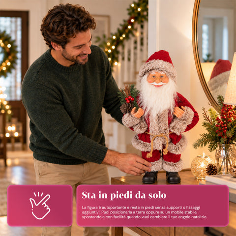 Dekorativer 60 cm großer Weihnachtsmann mit Kiefernzweig und Weihnachtsschmuck – Detaillierte Weihnachtsmannfigur in 4 Varianten: Rot, Eskimo, Weiß, Grau
