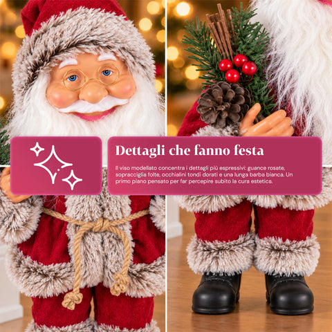 Dekorativer 60 cm großer Weihnachtsmann mit Kiefernzweig und Weihnachtsschmuck – Detaillierte Weihnachtsmannfigur in 4 Varianten: Rot, Eskimo, Weiß, Grau