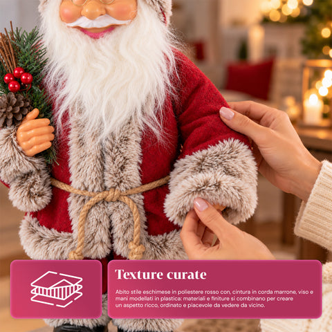 Dekorativer 60 cm großer Weihnachtsmann mit Kiefernzweig und Weihnachtsschmuck – Detaillierte Weihnachtsmannfigur in 4 Varianten: Rot, Eskimo, Weiß, Grau