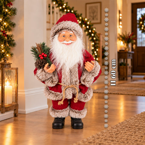 Dekorativer 60 cm großer Weihnachtsmann mit Kiefernzweig und Weihnachtsschmuck – Detaillierte Weihnachtsmannfigur in 4 Varianten: Rot, Eskimo, Weiß, Grau