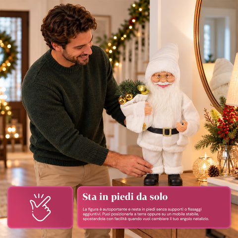 Dekorativer 60 cm großer Weihnachtsmann mit Kiefernzweig und Weihnachtsschmuck – Detaillierte Weihnachtsmannfigur in 4 Varianten: Rot, Eskimo, Weiß, Grau
