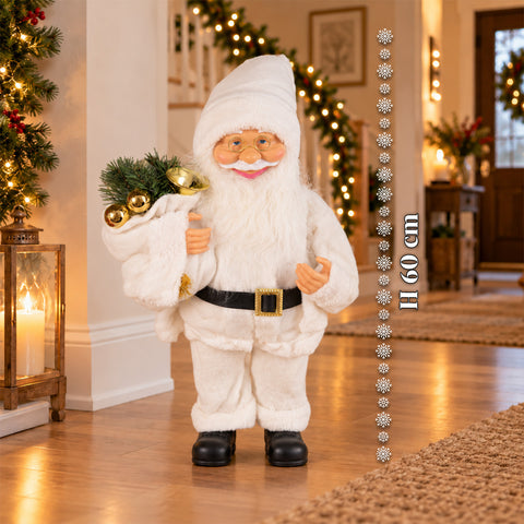 Dekorativer 60 cm großer Weihnachtsmann mit Kiefernzweig und Weihnachtsschmuck – Detaillierte Weihnachtsmannfigur in 4 Varianten: Rot, Eskimo, Weiß, Grau