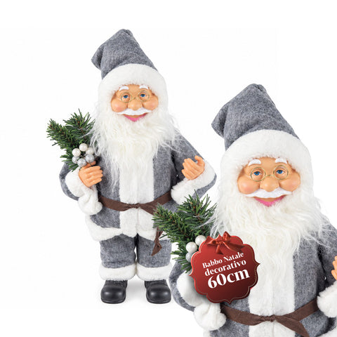 Dekorativer 60 cm großer Weihnachtsmann mit Kiefernzweig und Weihnachtsschmuck – Detaillierte Weihnachtsmannfigur in 4 Varianten: Rot, Eskimo, Weiß, Grau