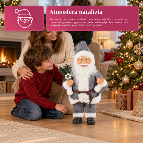 Dekorativer 60 cm großer Weihnachtsmann mit Kiefernzweig und Weihnachtsschmuck – Detaillierte Weihnachtsmannfigur in 4 Varianten: Rot, Eskimo, Weiß, Grau