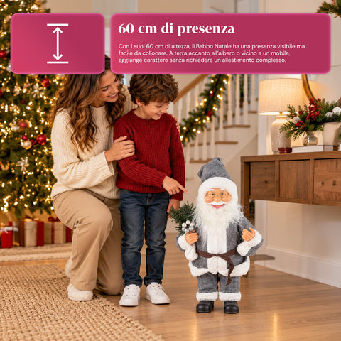 Dekorativer 60 cm großer Weihnachtsmann mit Kiefernzweig und Weihnachtsschmuck – Detaillierte Weihnachtsmannfigur in 4 Varianten: Rot, Eskimo, Weiß, Grau