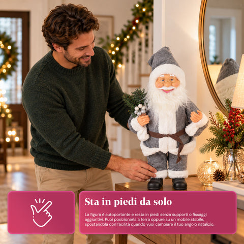 Dekorativer 60 cm großer Weihnachtsmann mit Kiefernzweig und Weihnachtsschmuck – Detaillierte Weihnachtsmannfigur in 4 Varianten: Rot, Eskimo, Weiß, Grau