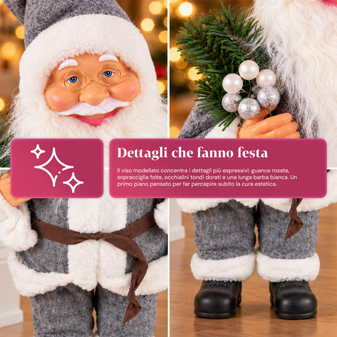 Dekorativer 60 cm großer Weihnachtsmann mit Kiefernzweig und Weihnachtsschmuck – Detaillierte Weihnachtsmannfigur in 4 Varianten: Rot, Eskimo, Weiß, Grau