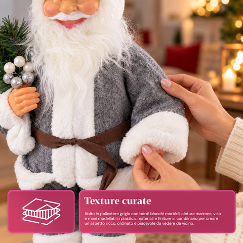 Dekorativer 60 cm großer Weihnachtsmann mit Kiefernzweig und Weihnachtsschmuck – Detaillierte Weihnachtsmannfigur in 4 Varianten: Rot, Eskimo, Weiß, Grau