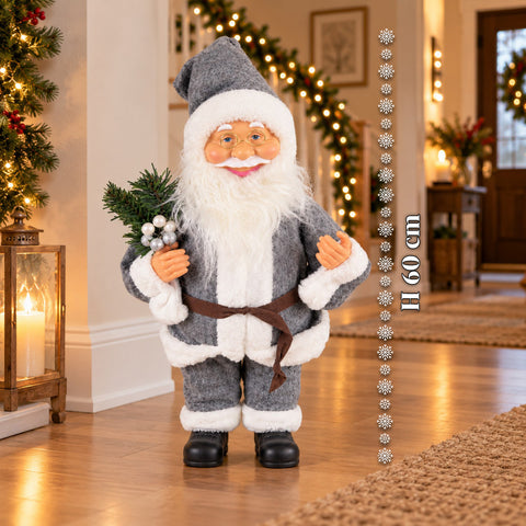 Dekorativer 60 cm großer Weihnachtsmann mit Kiefernzweig und Weihnachtsschmuck – Detaillierte Weihnachtsmannfigur in 4 Varianten: Rot, Eskimo, Weiß, Grau