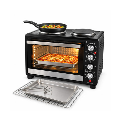 Elektrischer 40-L-Backofen mit zwei elektrischen Heizplatten, Grill, 5 Gararten, 120-Minuten-Timer, 100-250 °C und doppelt verglaster Tür