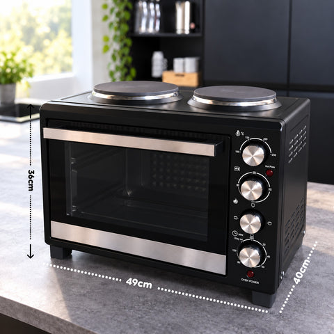 Elektrischer 40-L-Backofen mit zwei elektrischen Heizplatten, Grill, 5 Gararten, 120-Minuten-Timer, 100-250 °C und doppelt verglaster Tür