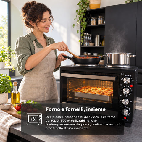 Elektrischer 40-L-Backofen mit zwei elektrischen Heizplatten, Grill, 5 Gararten, 120-Minuten-Timer, 100-250 °C und doppelt verglaster Tür