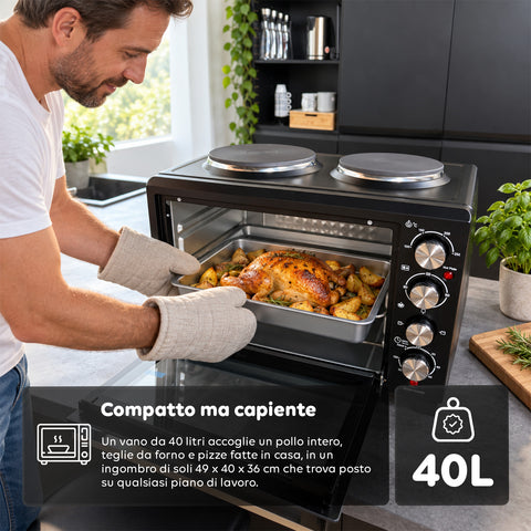 Elektrischer 40-L-Backofen mit zwei elektrischen Heizplatten, Grill, 5 Gararten, 120-Minuten-Timer, 100-250 °C und doppelt verglaster Tür