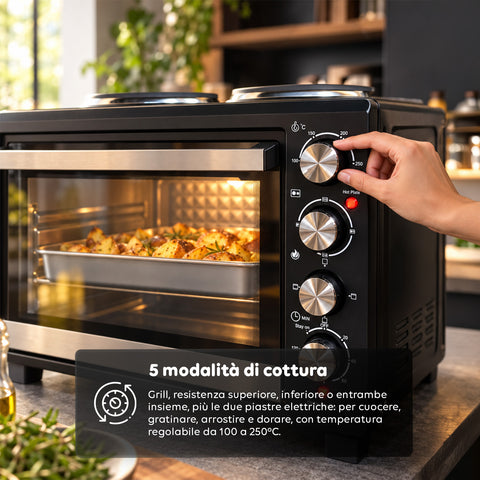 Elektrischer 40-L-Backofen mit zwei elektrischen Heizplatten, Grill, 5 Gararten, 120-Minuten-Timer, 100-250 °C und doppelt verglaster Tür