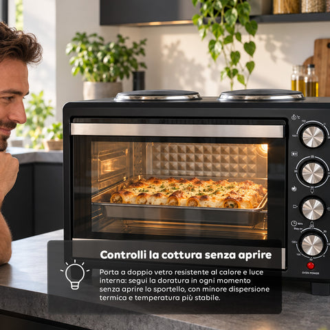 Elektrischer 40-L-Backofen mit zwei elektrischen Heizplatten, Grill, 5 Gararten, 120-Minuten-Timer, 100-250 °C und doppelt verglaster Tür