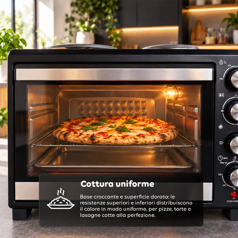 Elektrischer 40-L-Backofen mit zwei elektrischen Heizplatten, Grill, 5 Gararten, 120-Minuten-Timer, 100-250 °C und doppelt verglaster Tür