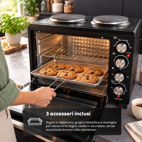 Elektrischer 40-L-Backofen mit zwei elektrischen Heizplatten, Grill, 5 Gararten, 120-Minuten-Timer, 100-250 °C und doppelt verglaster Tür